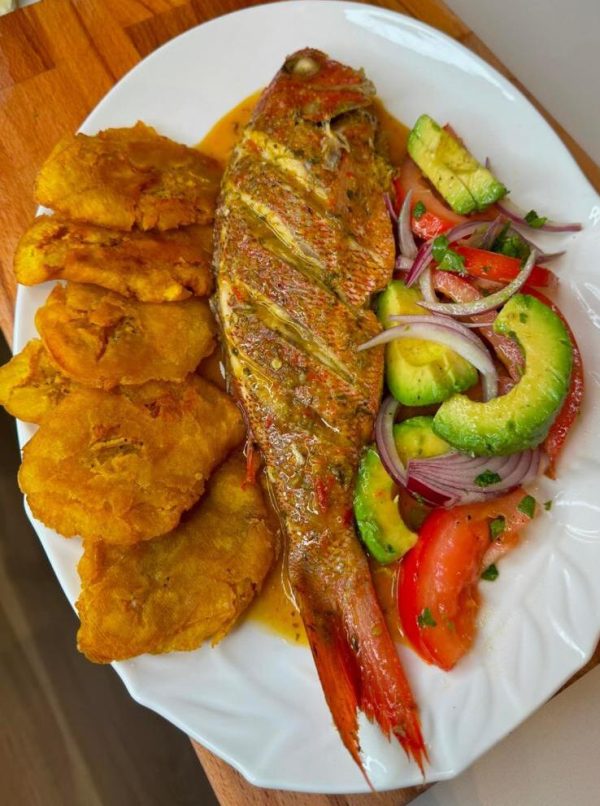 Poisson gros sel with fried rice and avocado.